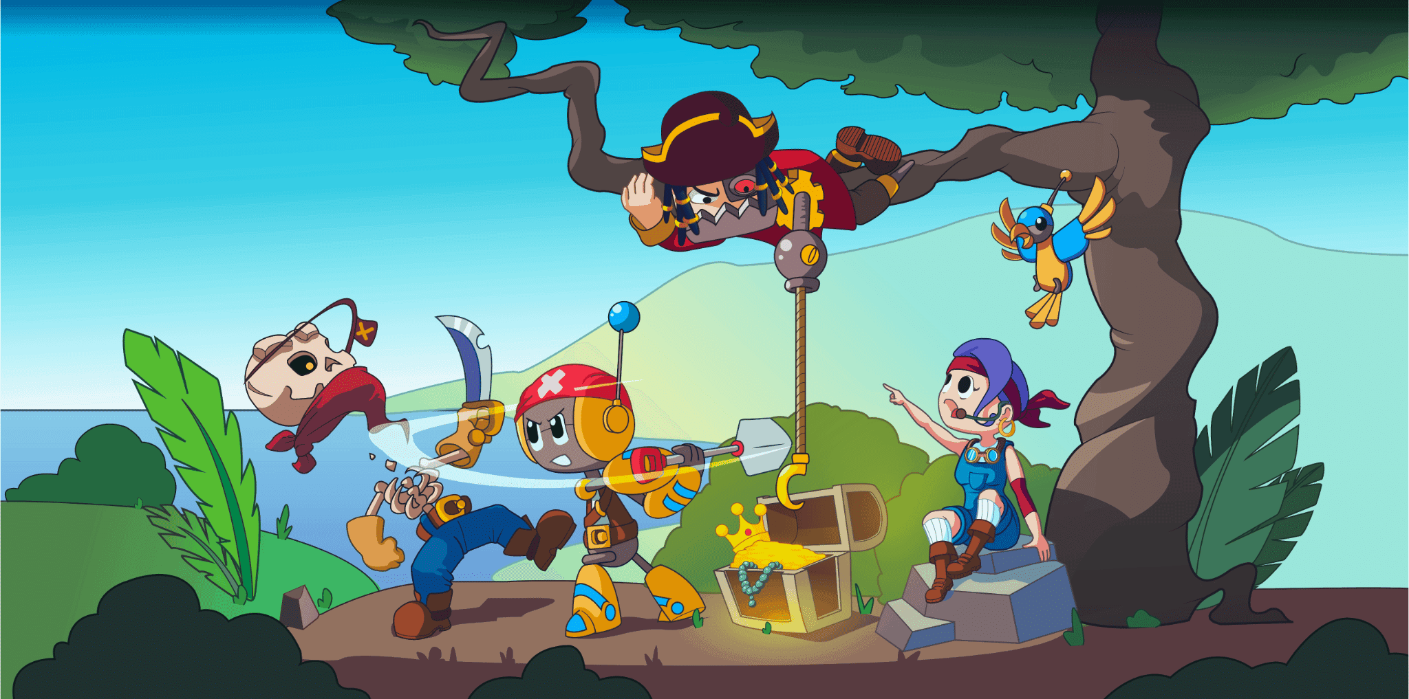 Golden Quest scene: Cody, pirates and a treasure chest