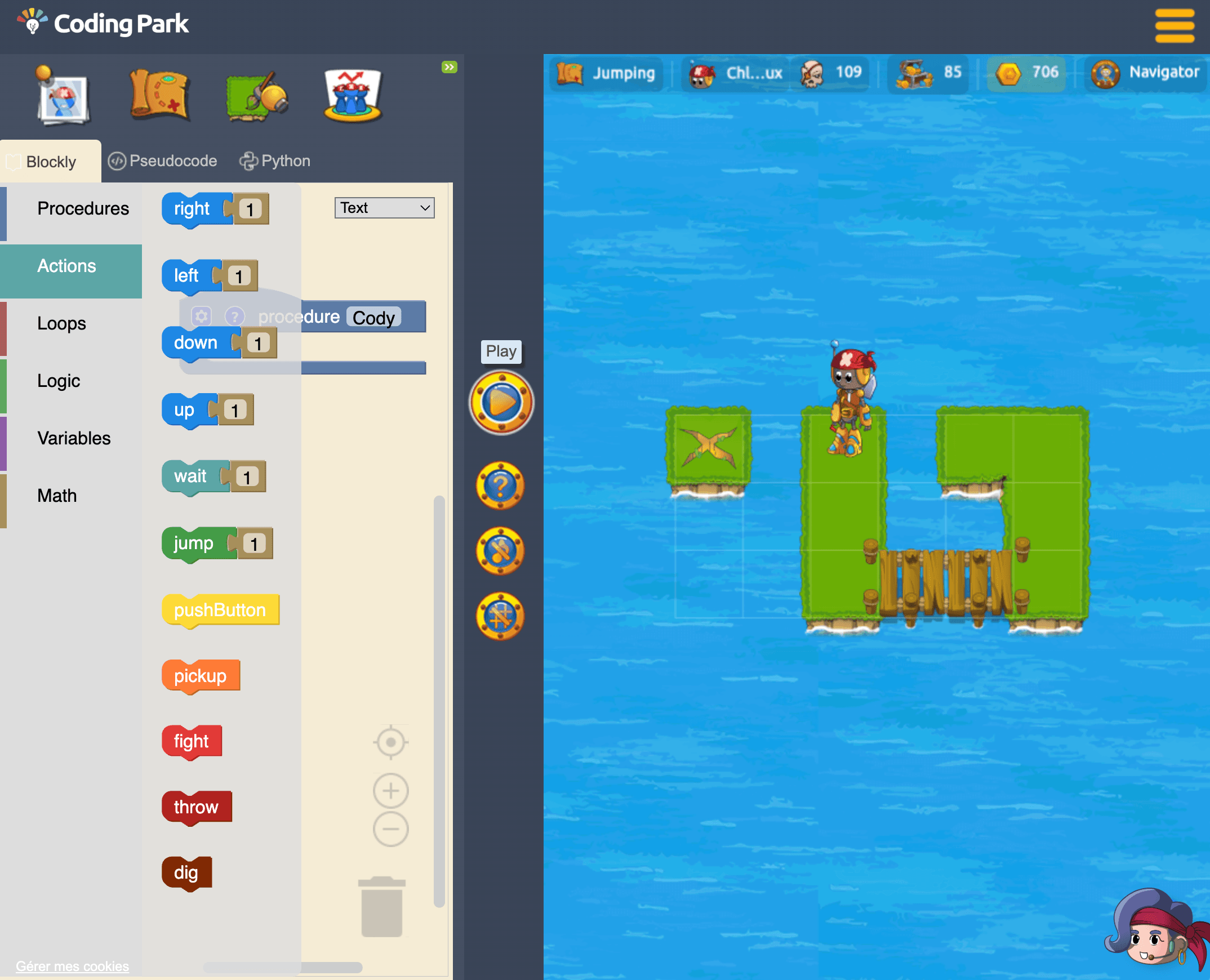 Golden Quest: Blockly instructions beside the playable level