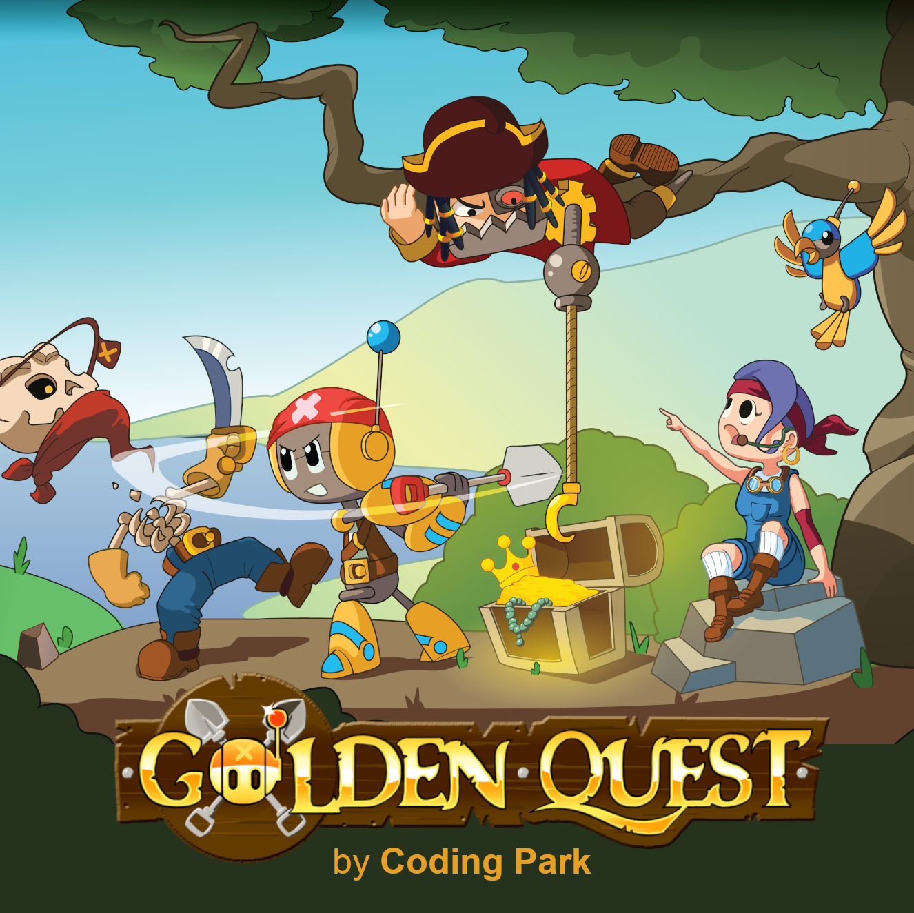 Les personnages du jeu de codage Golden Quest partent vers une nouvelle énigme de programmation